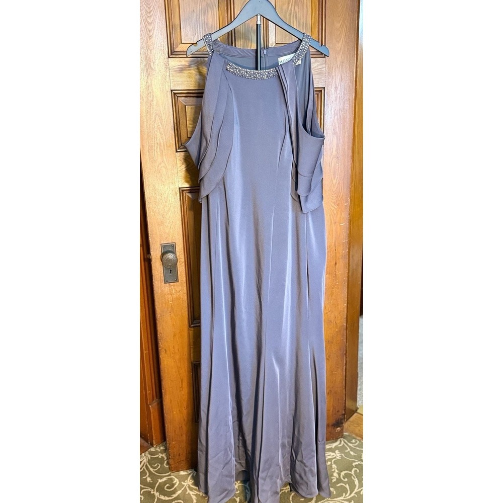 Montage by Mon Cheri Beaded Illusion Neck Column Gown with Cascading Ruffles Siz